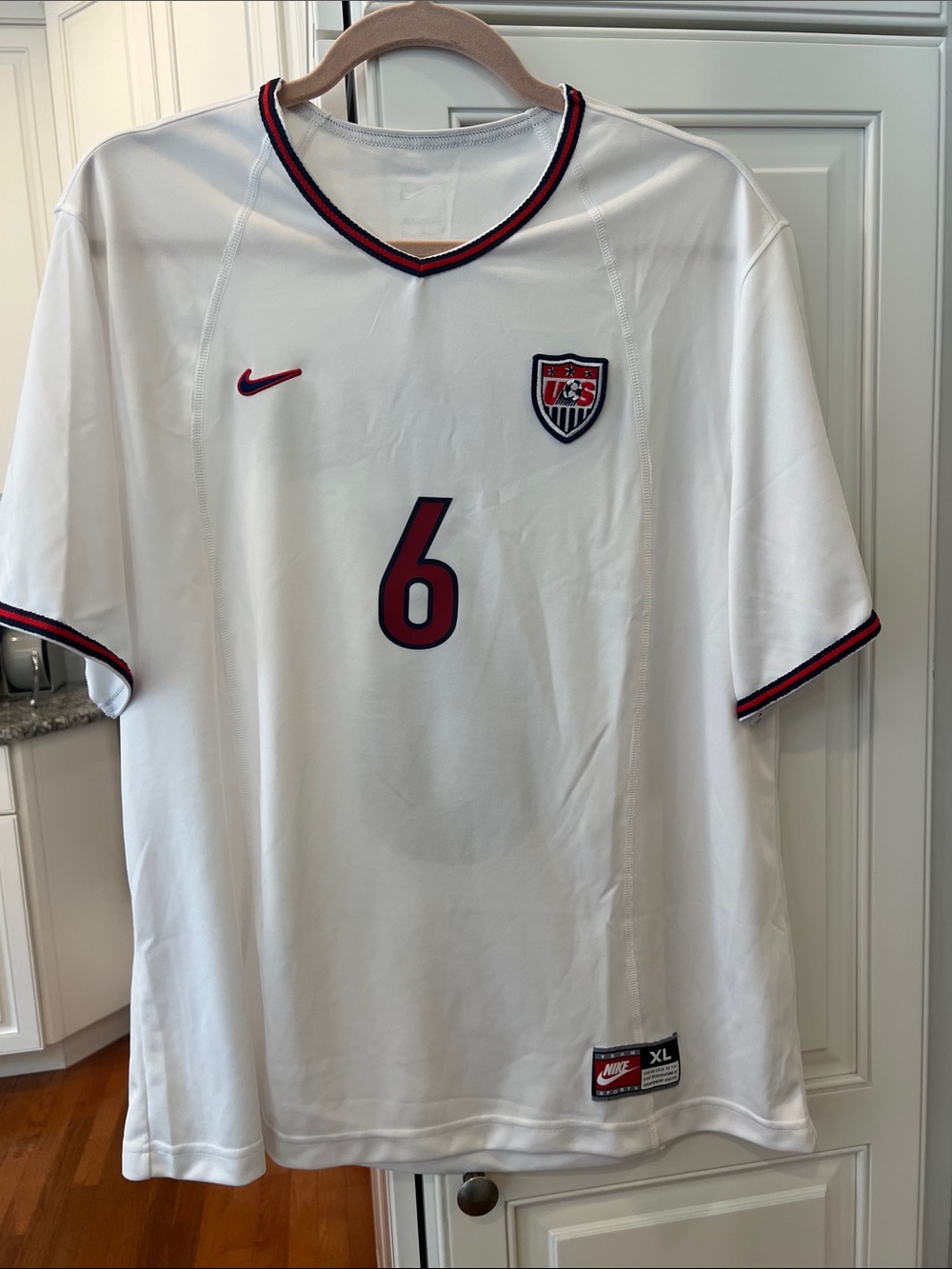 Nike White USMNT Soccer Jersey with Red and Navy Trim - #6